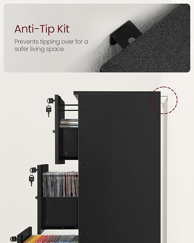 VASAGLE 3 Drawer File Cabinet, File Cabinet with Lock, Printer Stand, Office Filing Cabinet Organizer, for A4 and Letter Size Files, Ink Black UOFC055B16
