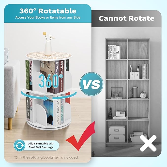 2-Tier Rotating Bookshelf 360° Revolving Bookcase, Floor Standing Bookcase Book Storage Organizer Display Rack, Round Bookshelf with Dividers & Anti-Falling Baffles for Living Room, Study Room