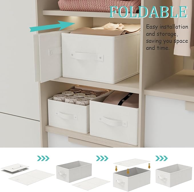 Fabric Storage Boxes for Shelves, 3 Pack Foldable Cloth Bins, Closet Organizers System with 2 Handles, Durable and Sturdy, Saving Space, White & Ivory, 16.1 x 9.8 x 6.5 In, XSNY11WM-3