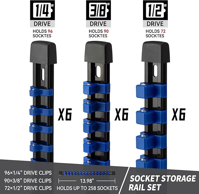 Socket Organizer Drive ABS Tools - Blue Socket Holder, Premium Quality 18 Pieces Socket Holders Kit 1/4-Inch x 96 Clips, 3/8-Inch x 90 Clips, 1/2-Inch x 72 Clips（18PC,Blue)
