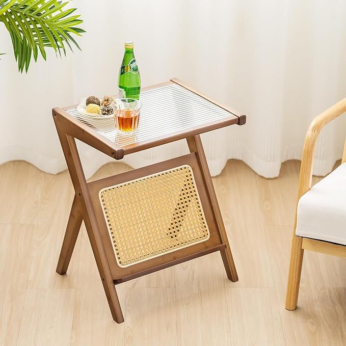 GOFLAME Rattan Side Table Set of 2, Z-Shaped End Table with Tempered Glass Top, Magazine Rack, Boho Night Stand, Small Coffee Table, Bamboo Accent Bedside Table for Living Room, Bedroom, Walnut