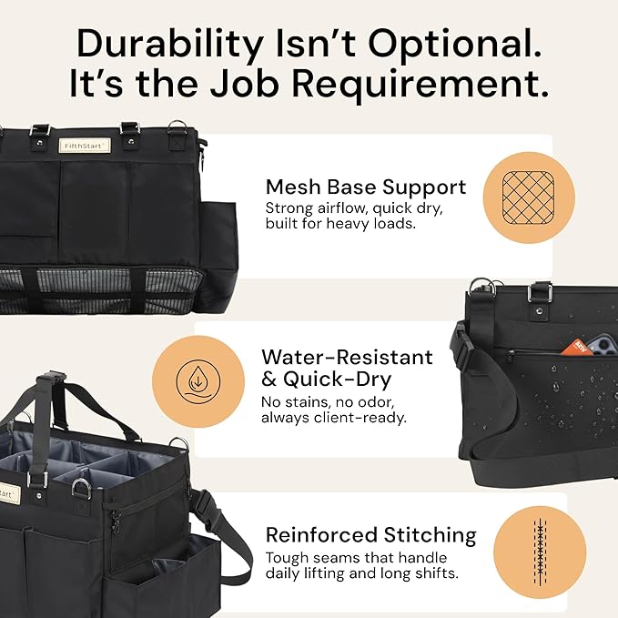 FifthStart Multiuse Cleaning Caddy w/Waist & Shoulder Strap - 9 Pockets Tote Bag for Housekeeping Gardening Fishing Bathroom Organizer Adjustable Compartments, Black Large Caddy Organizer with Handle