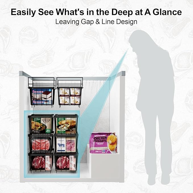 iSPECLE Freezer Organizer Bins 5 Pack- Fit 14.2~16.5 Inch Wide Chest Freezer, 7 Cu.Ft Deep Freezer Organizer Bins, 2 Small Expandable Hanging Baskets and 3 Stackable Bins, Black