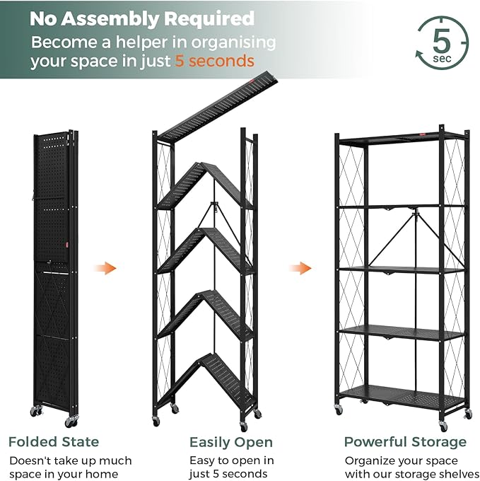 DEANIC 5 Tier Foldable Storage Shelves with Wheels, Large Capacity Shelving Unit, Freestanding Metal Wire Shelf Rack, No Assembly Organizer Rack for Garage Kitchen, Basement, Pantry(Black)