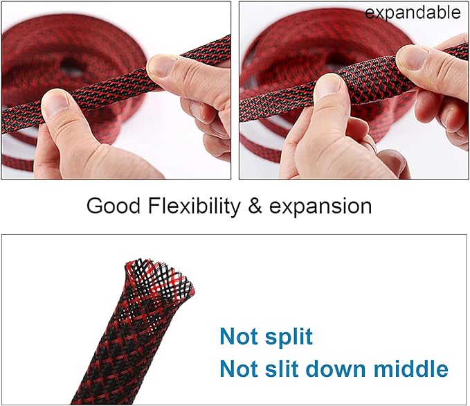 25ft - 1/2 inch PET Expandable Braided Sleeving – BlackRed – Alex Tech Braided Cable Sleeve