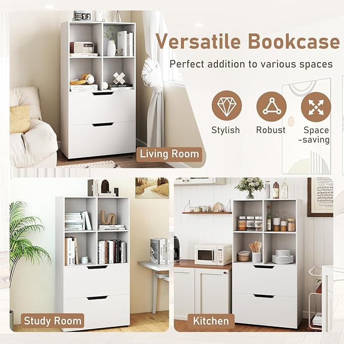 Giantex Bookshelf with 4 Cubes & 2 Drawers, 51” Tall Floor Bookcase with Anti-tip Kits, Freestanding Display Rack Storage Organizer for Study, Living Room, Home Office (White)
