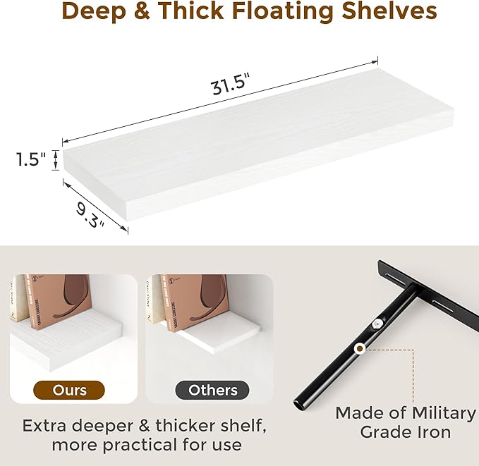 Fun Memories White Floating Shelves 32 Inch Long, Rustic Wood Wall Mounted Floating Shelf for Bathroom, Bedroom, Kitchen, 9.3 Inch Deep Wall Shelves Invisible Brackets for Books|Storage|Decor