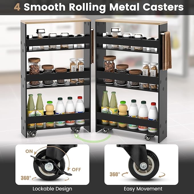 Slim Rolling Storage Cart, 4 Tier Narrow Kitchen Cart with Wheels, Between Washer and Dryer Cart, Wood Shelving Unit Organizer w/Handle for Small Spaces (Black, 5-Inch)