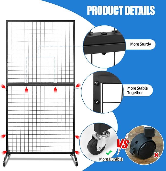 3'x 6' Gridwall Panel Display Stand with T-Base, Black Wire Grid Wall Panels with Wheels, Craft Display Rack, Art Display Stand, Retail Display, Show Rack