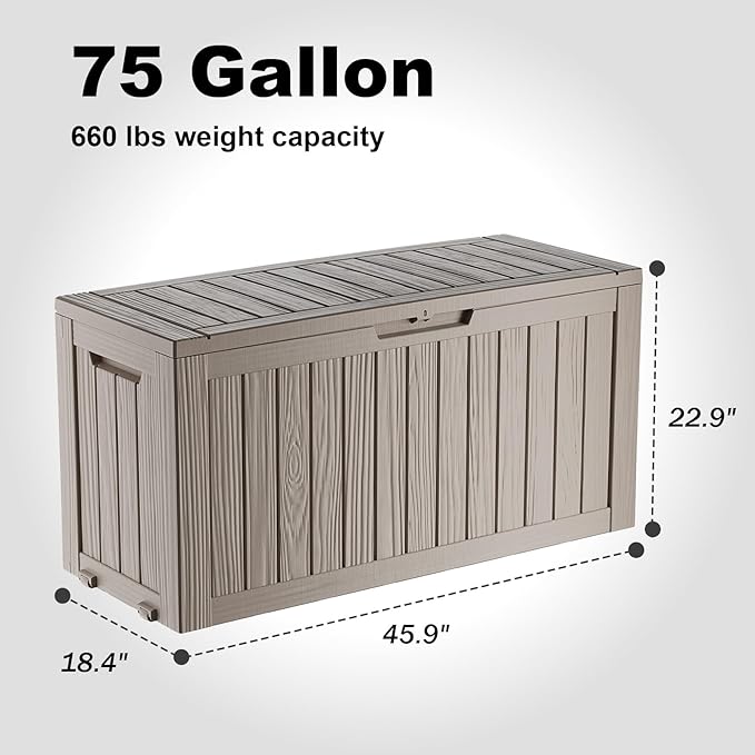 75 Gallon Waterproof Resin Deck Box, UV Resistant Outdoor Storage for Garden, Patio, Porch, Delivery, Light Brown