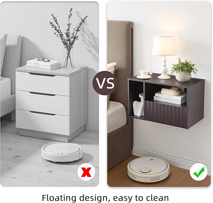 Modern Espresso Fluted Floating Nightstand with Charging Station, NightStand with Drawers, Bedside with USB Ports and Outlets, Bedroom Furniture (Set of 2)