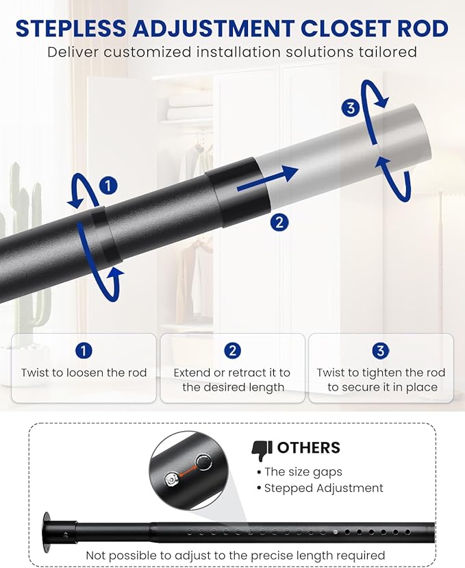 Closet Rods for Hanging Clothes with Triangular Brackets, 17 to 69 Inches Stepless Adjustable Closet Rod, 1.3 Inch Heavy Duty Closet Rod for Closet Wardrobe Laundry RV (Without Board/Black)
