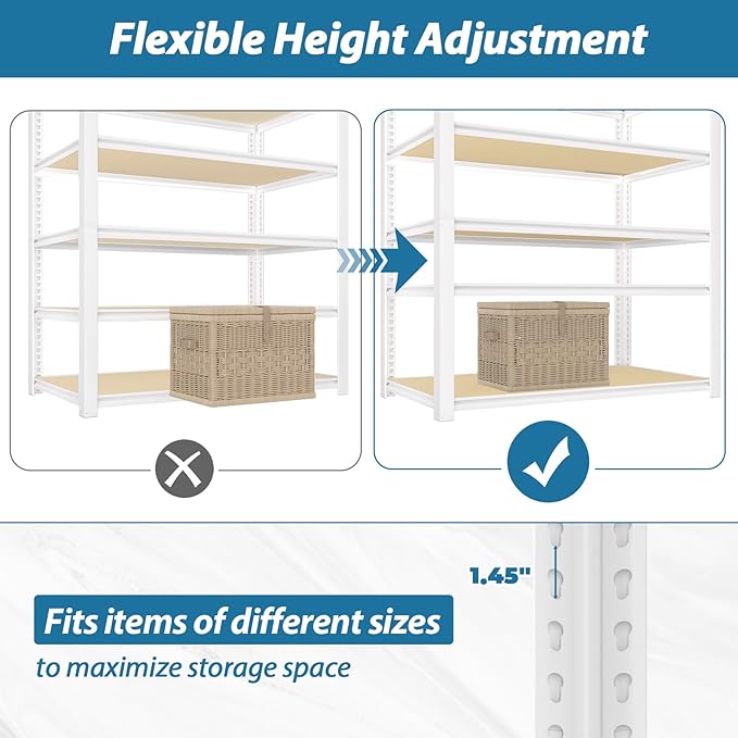 PrimeZone 28" W x 12" D x 59" H Closet Storage Shelves - 5 Tier White Metal Connector Shelving, Adjustable Heavy Duty Garage Shelves, Utility Rack Organizer Shelf for Kitchen Pantry Closet Garage