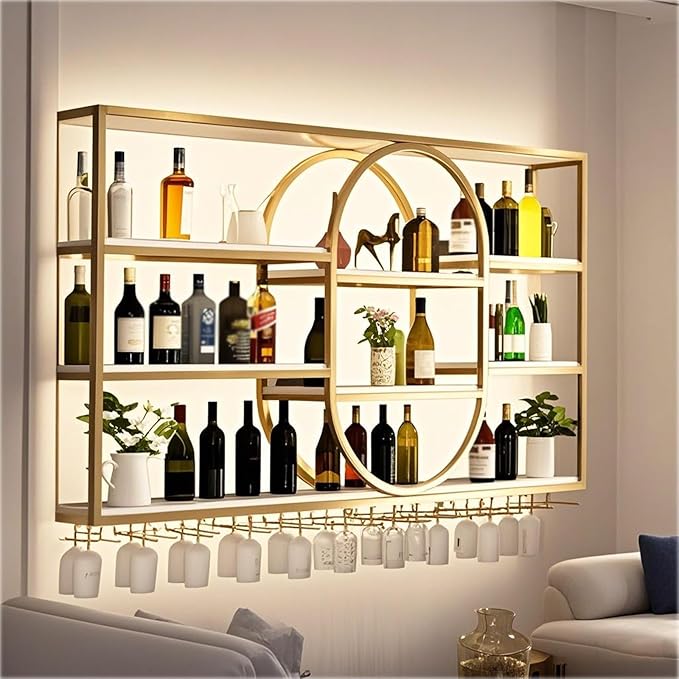 Large Wall Mount Wine Rack, Metal 4 Tier Large Capacity Hanging Bar Rack with Wine Glass Holder, Oval Wine Bottle Storage Display Rack for Kitchen, Living Room, Home (Gold, 140cm/55.1in)