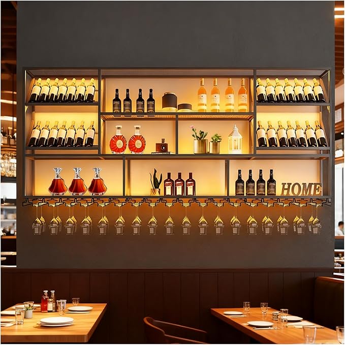 3 Tier Large Wine Rack Wall Mounted with Glass Holder, Black Modern Iron Liquor Shelf, 51.1 Inch Large Wine Bottle Display Shelf, for Kitchen Dining, Home Bar, Cellar (51.1" W)