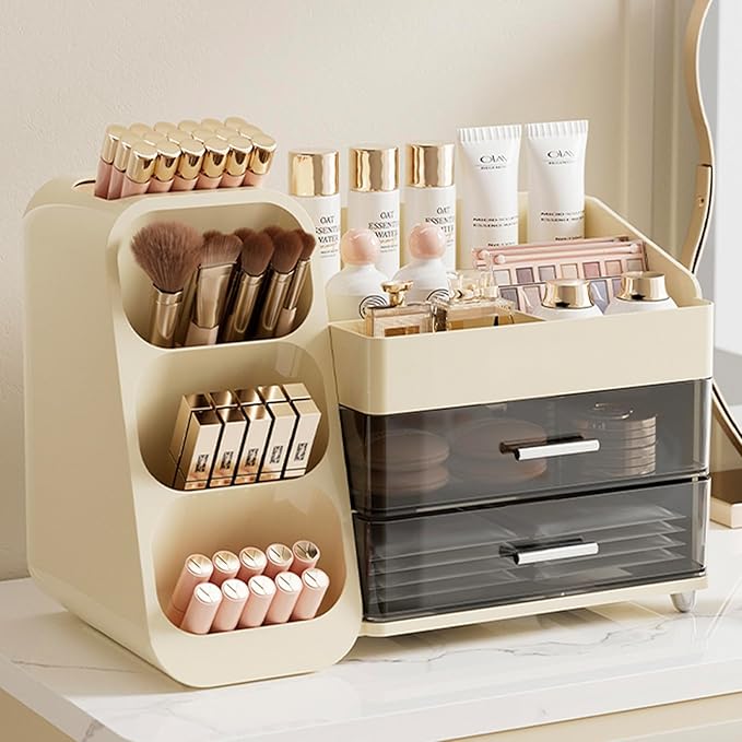 Aveniee Makeup Organizer with Drawers, Large Bathroom Countertop Storage for Vanity, Cosmetic & Skincare Display Case for Brushes, Perfumes, Lipsticks (Cream White)