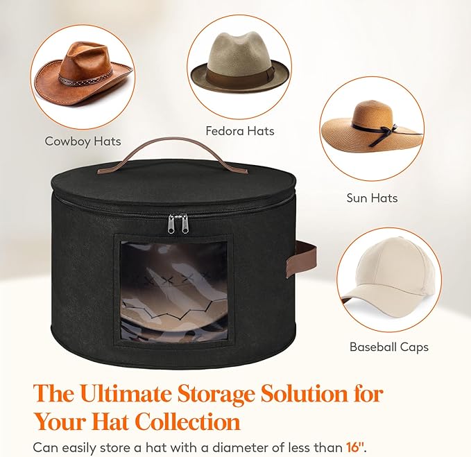 Lifewit Round Cowboy Hat Box for 7 Caps, Large Felt Hat Organizer Bag for Men & Women Storage, Baseball Cap Container with Dustproof Lid for Travel, Foldable 16.5" D x 10.6" H Carrier, Black