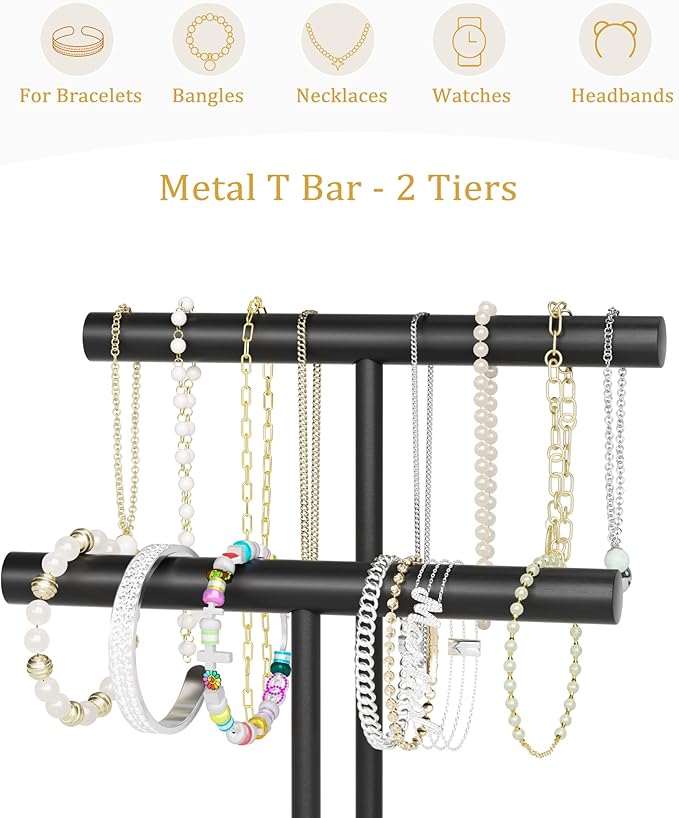 SZQINJI Jewelry Holder Organizers Bracelet Holder Display Stand, Solid Wood Base with 2 Tier Metal T-bar for Bracelet Wristband Bangle Watch Necklace Hanging, Black, Christmas Gift