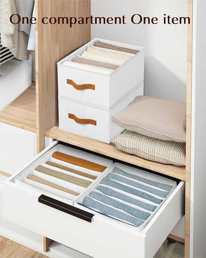 Clothes Organizers and Storage - 4/5/7 Grids Fabric Jeans Organizer with Handles, Foldable Closet Organizers Dividers, Wardrobe organizer for Pant, Sweater, T-shirt, Scarf, 3 Pack, White