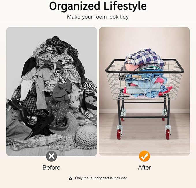 Steel Wire Laundry Cart, Wire Laundry Basket Cart with 4" Casters, Heavy Duty Commercial Rolling Laundry Basket for Clothes Storage, 26.77"D x 21.5"W x 26"H