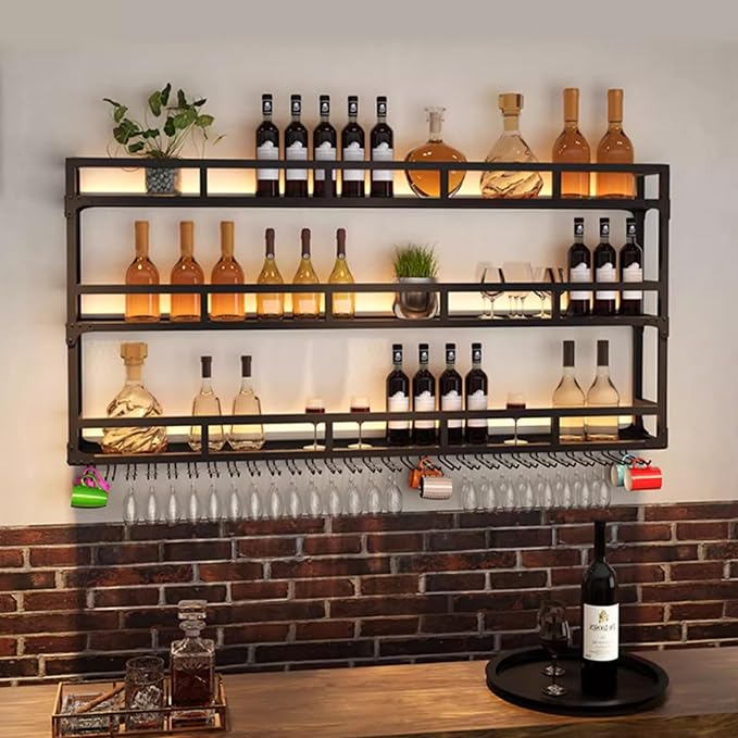 Wall Mounted Wine Rack, Wine Rack Wall Mounted with Wine Glass Rack, Metal Bar Bottle Display Shelf Wine Cups Hanging Holder, for Home Bar Cafe Dining Room Decoration (BLACK, 47.2*10*35.5IN)