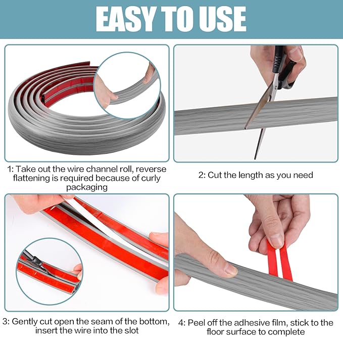 Floor Cord Cover Self Adhesive Cord Hider,10FT Cable Management, Extension Strip Protector for Wires, Prevent Cable Trips for Offices, Gyms, Exhibitions Cavity:0.39"(W) x 0.27"(H) Gray Wood