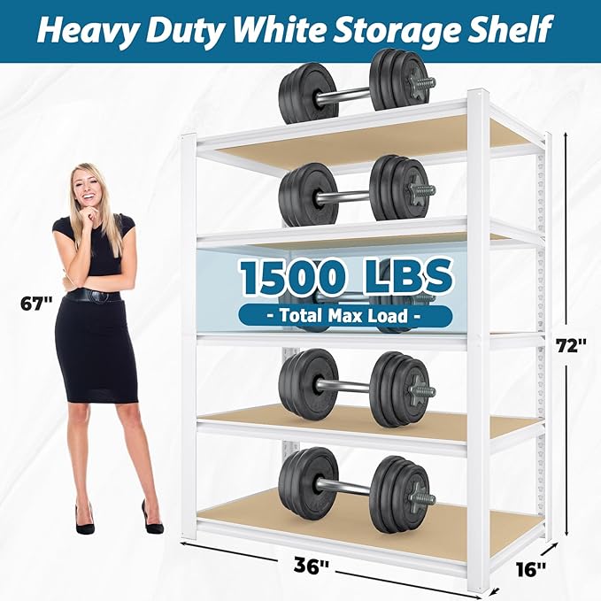 PrimeZone 4 Packs 36" W x 16" D x 72" H Closet Storage Shelves - 5 Tier White Metal Connector Shelving, Adjustable Heavy Duty Garage Shelves, Utility Rack Organizer Shelf for Kitchen Pantry Garage