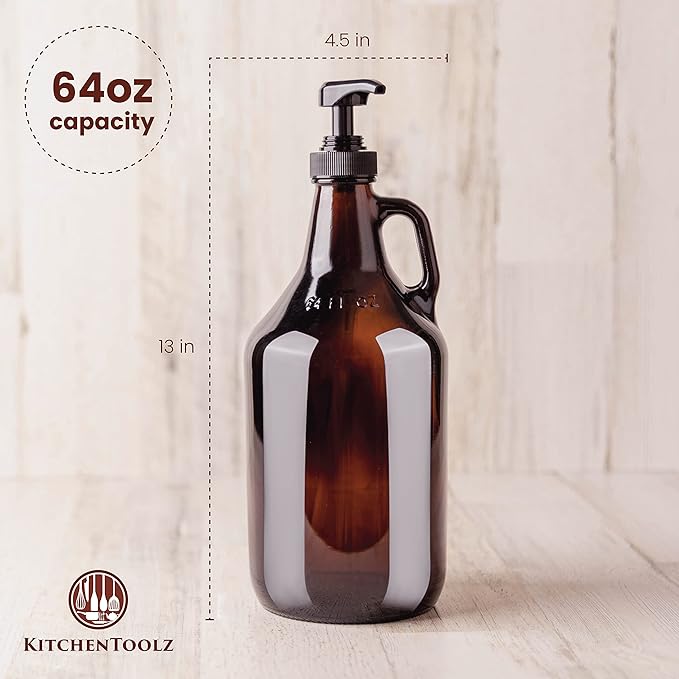 Half Gallon Glass Pump Dispenser Bottle, Large Jug with Pump for Laundry Soap Dispenser, Liquid Detergent, Fabric Softener, Syrup Pump - 64 oz Capacity - Amber Bottle- Pack of 2, by Kitchentoolz