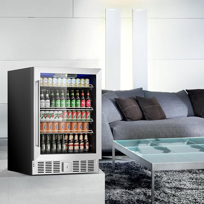 24 Inch Beverage Refrigerator, 182 Cans Built-in Cooler, Digital Temperature Control, LED Lighting, Adjustable Shelves, Freestanding Beer Fridge for Home, Bar, Office(5.3 Cu ft)