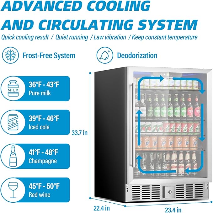 24 inch Beverage Refrigerator Cooler, 5.3 Cubic/166 Can Large Fridge with Glass Front Door for Soda, Beer or Wine, Under Counter Small Refrigerator with Adjustable Shelves and Digital Display