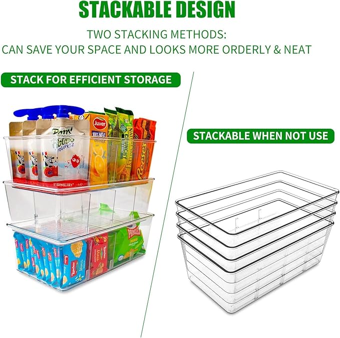 Pantry Organizers and Storage,Kitchen Organizers and Storage for Fridge,Drawer and Refrigerator - Spice Organization for Cabinet,Clear Plastic Stackable Organizer Bins with 3 Dividers (7 Pcs)