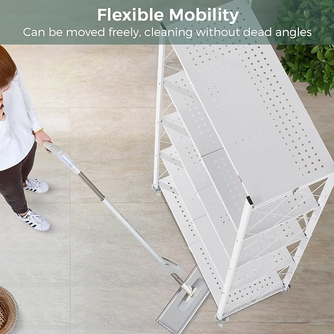 DEANIC 5 Tier Foldable Storage Shelves with Wheels, Large Capacity Shelving Unit, Freestanding Metal Wire Shelf Rack, No Assembly Organizer Rack for Garage Kitchen, Basement, Pantry(White Pack of 3)