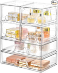 Stackable Makeup Organizer Storage Drawers Set of 6, Clear Plastic Organizer Bins for Beauty Supplies,Ideal for Vanity, Bathroom,Cabinet,Pantry Organization (2Long 4 Short)