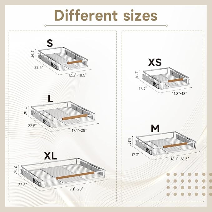 2 Pack Expandable Pull Out Cabinet Organizer，Side Mounting 16.3~26.3"x17.3"Cabinet Pull Out Shelves, Expandable Slide Out Spice Rack for Kitchen Bathroom Office