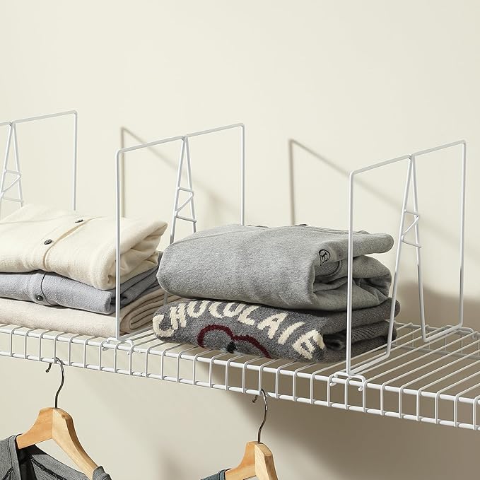 Wire Shelf Dividers - White Closet Organization & Storage Organizer - No Tool Shelf Divider for Wire Shelves - Metal Shelf Accessories – for 12“ Deep Wire Shelves – Tall 12” Height – 4 Pack