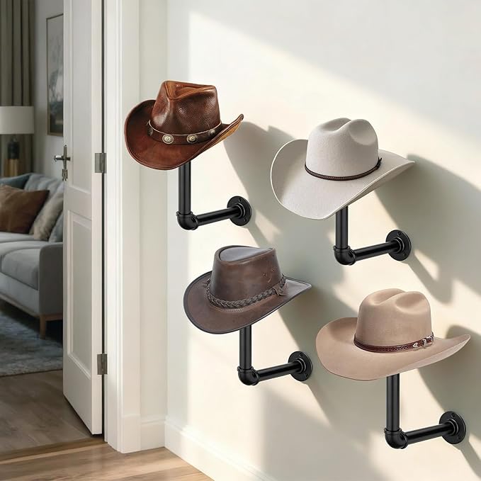 3PCS Cowboy Hat Rack Wall Mount, Wooden Western Rustic Metal Hanger, Wall Mounted Helmet Hanger for Multifunctional Display Hanger Stand for Cap Wig Hats, Fedora, Sun Hats