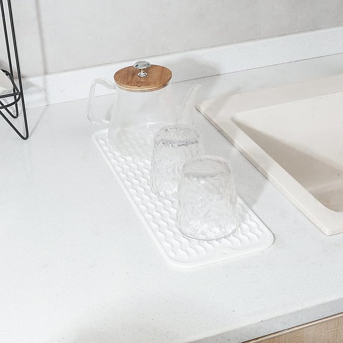 Silicone Dish Drying Mat for Multiple Usage,Easy clean,Eco-friendly,Heat-resistant Silicone Mat for Kitchen Counter,Sink,Bar,Bottle,or Cup White M 17 inches x 6 inches