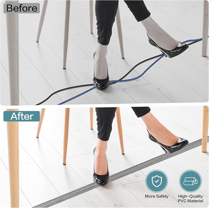 Floor Cord Cover Self Adhesive Cord Hider Floor Extension Cord Covers for Floor Power Cord Protector Cable Management Prevent Cable Trips Cable Cavity 0.32" W x 0.32" H (Light Grey Wood, 20Ft)