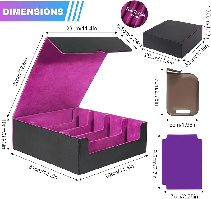 3000+Trading Card Storage Box, PU Leather Organizer Case With 24 Dividers, Magnetic Closure, 4 Supporters, For Game Sports Card,Purple