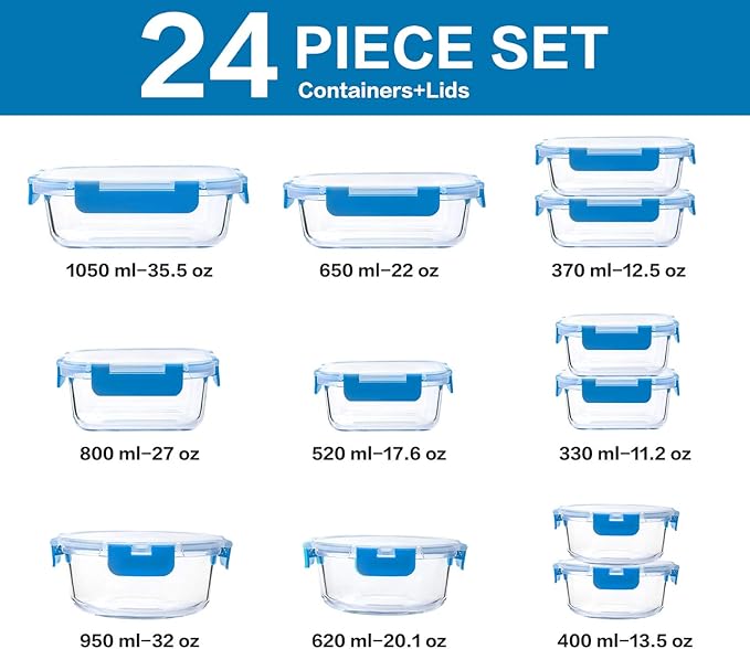 M MCIRCO 24-Piece Glass Food Storage Containers with Upgraded Snap Locking Lids,Glass Meal Prep Containers Set - Airtight Lunch Containers, Microwave, Oven, Freezer and Dishwasher, Blue