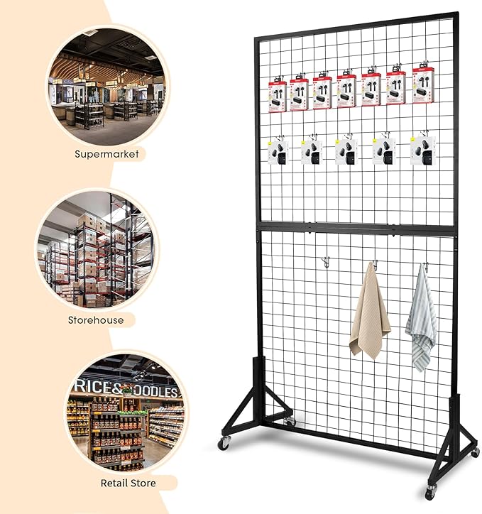 2 Packs 3'x 6' Two-Double Gridwall Panel Display Racks with Sturdy T-Base, Black Grid Wall Panels Display Stand, Display Rack Craft Show, Art Display Stand