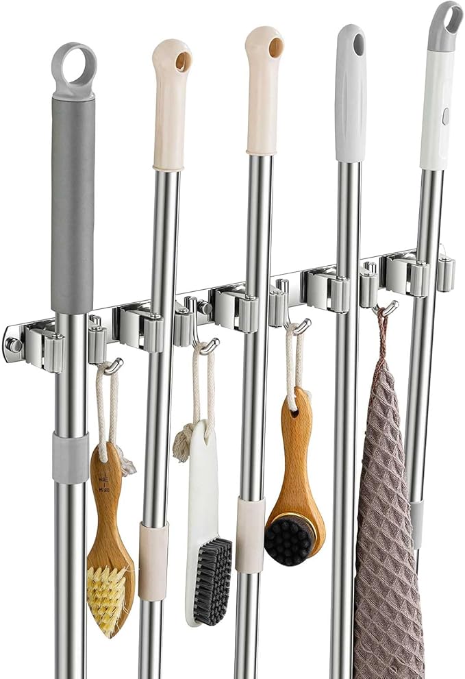 Broom Holder Wall Mount, Stainless Steel Broom Hanger Wall Mount, Heavy Duty Mop and Broom Holder Tool Racks Utility Hooks for Laundry Room Garden Garage, Grey (5 Racks and 4 Hooks)