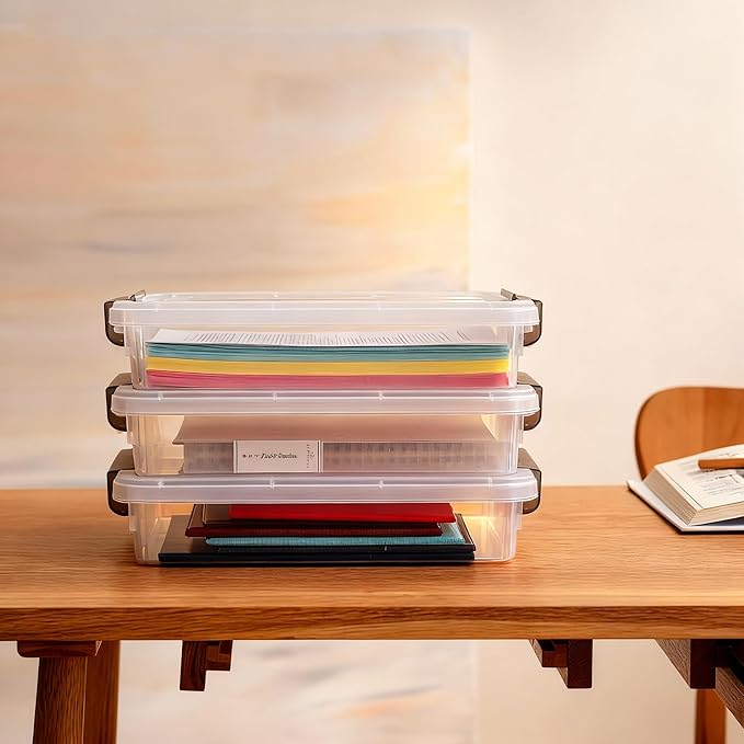 Citylife 6 PCS Clear Plastic Container Clip Box with Latching Lids, Stackable Document Paper Protectors Organizer Container for Office, Home, and School Supplies