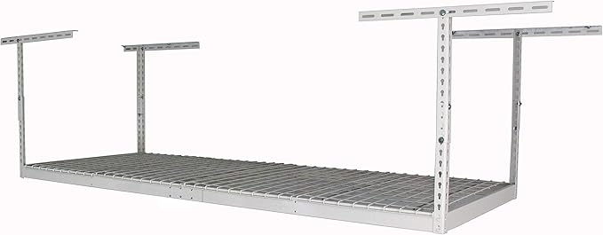 MonsterRax Overhead Garage Storage Racks 3x8’ Ceiling Mounted Shelving, Adjustable Hanging Organizer, Heavy Duty Steel, Holds 500 Pounds, Color: White, Adjustable from 24"-45" off the Ceiling