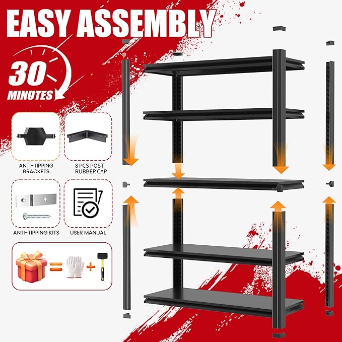 78" H Garage Shelving, Metal Storage Shelves, 3000LBS Heavy Duty Shelving, Adjustable 5 Tier Storage Rack, Industrial Utility Shelf for Garage, Warehouse, Kitchen,18" D×47.5" W×78" H, Black