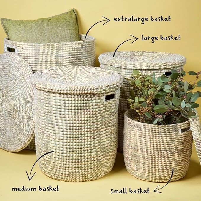 Small White Storage Basket - Laundry Hamper, Baby Nursery Toys Bin, Living Room Blankets Storage, Towels Holder, Organizing, Decorative - Wicker, Woven, Lid, Handles