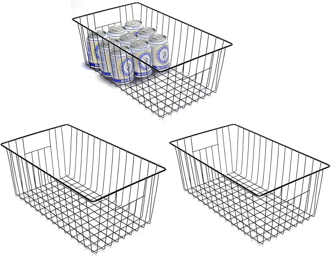 Freezer Organizer Bins, Upright Freezer Baskets for 16, 17, 21 cu.ft Standup Freezer, Durable Freezer Organizer Fully Use Space Improve Air Circulate, 3Pcs, Black