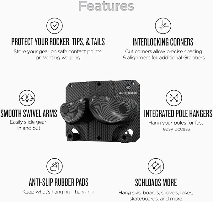 Gravity Grabber - Ultimate Wall Storage Rack for Skis and Snowboards | Damage-Free Storage | Fits Any Ski or Snowboard | (Carbon, 1)
