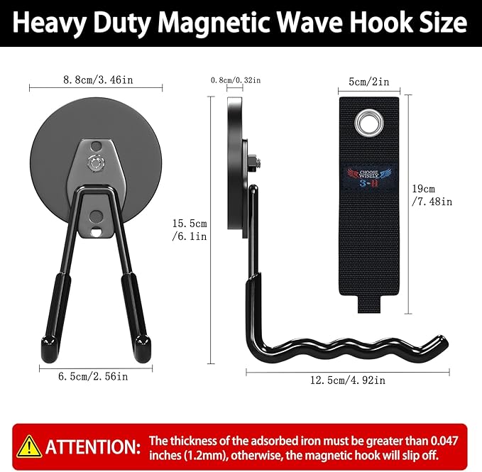 3-H Magnetic Wave Hooks Heavy Duty 4 Pack, Large Magnet Garage Hooks Heavy Duty and Strong Utility Magnetic Tool Holde for Hanging and organizing Garden Power Tool (Black