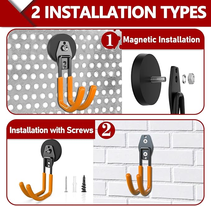 3-H Heavy Duty Magnet Garage Hooks 2 Pack, J Shape Strong Magnetic Hooks for Hanging Cordless Power Drill, Utility Magnetic Tool Holder for Metal Cabinet, Steel Pegboard, Toolbox, Garage(Orange)